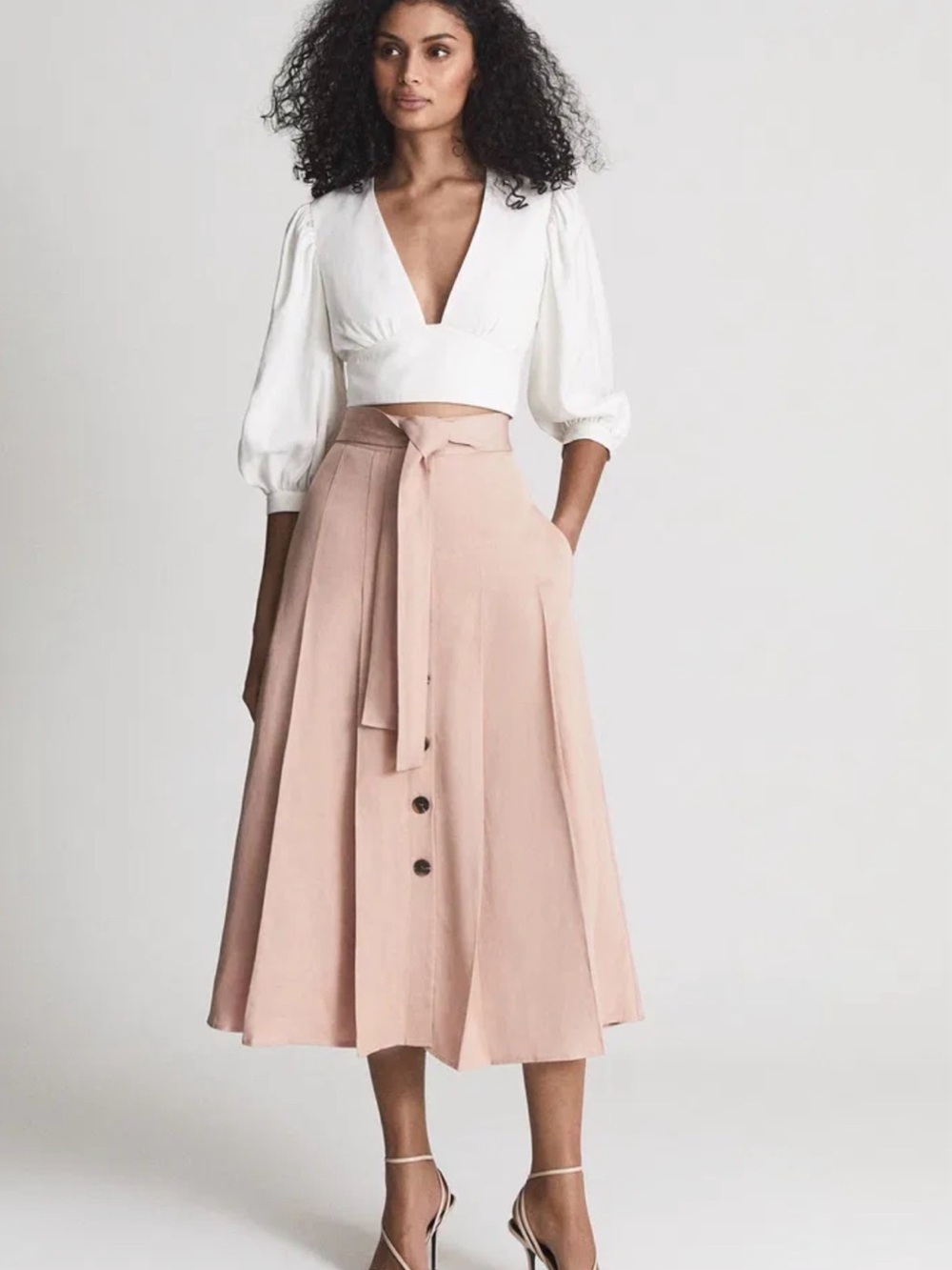 Reiss Elegant Blush Midi Skirt with Tie Waist Sz 4